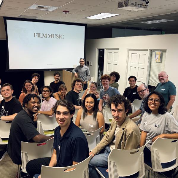 Group photo at the Film Music Workshop at the SBIFF Education Center;  Photo Credit: The Santa Barbara Independent