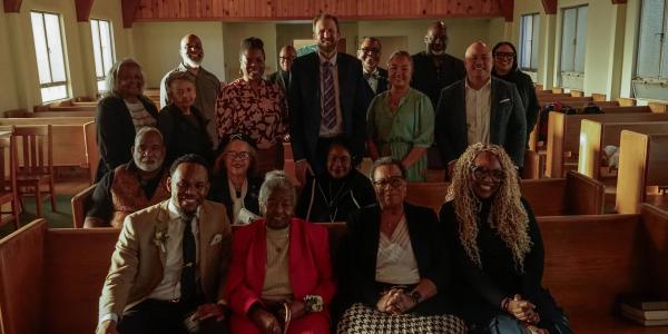 The congregation of Lewis Chapel Christian Methodist Episcopal Church with City Councilmember Eric Friedman and County Supervisor Roy Lee ; Photo Credit: Maya Johnson '24 (CCS Writing & Literature)