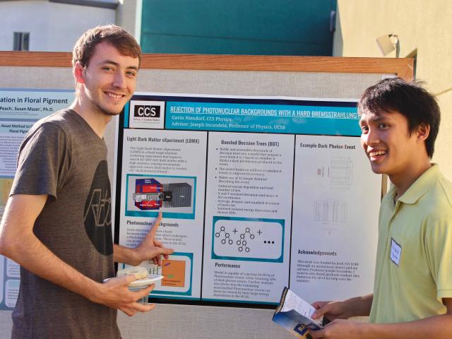 Students discussing a poster