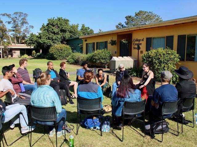 After her talk at CCS, McKinnon chatted with students on the CCS front lawn