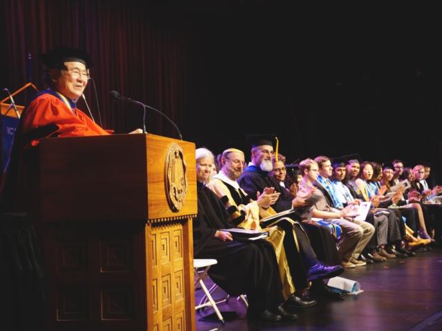 UCSB Chancellor Henry T. Yang addresses the crowd at Campbell Hall at the 2018 CCS commencement ceremony; Photo: Sonia Fernandez