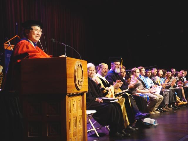 UCSB Chancellor Henry T. Yang addresses the crowd at Campbell Hall at the 2018 CCS commencement ceremony