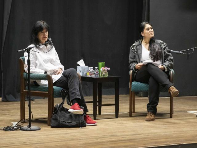 Joy Harjo being interviewed by Dr. Amrah Salomón