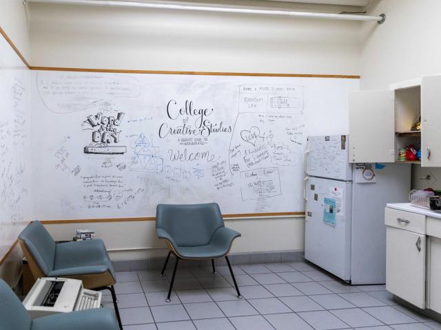 The student lounge is an excellent place to relax. It has a fridge and microwave that students can use if they need to recharge with some food.