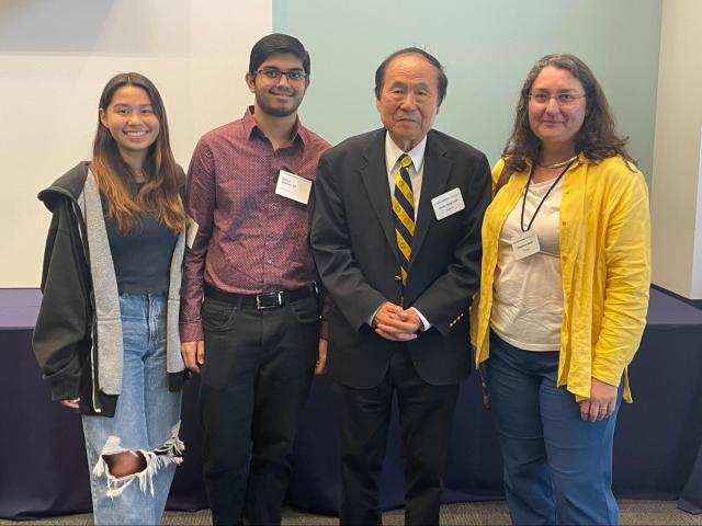 Ashley Yeh ’24 (CCS Biology); Aditya Sharma ’23 (CCS Computing); Henry T. Yang, Chancellor, UC Santa Barbara; and Susannah Scott, Distinguished Professor of Chemistry; Duncan & Suzanne Mellichamp Academic Initiative Professor