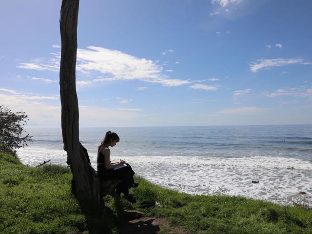 Student writes while overlooking a sea bluff at Coal Oil Point Reserve