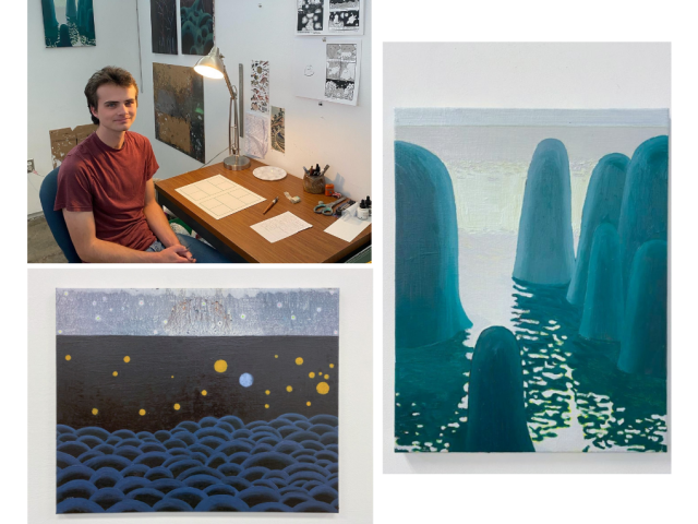 Owen Jenkins '24 (CCS Art) and paintings His Favorite Spot (L) and Passing Through (R)