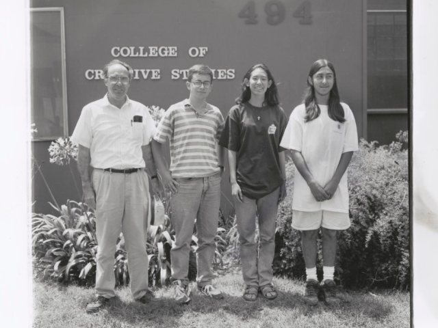 Francesc S. Roig with former students in front of the CCS building (circa mid-to-late 80s).