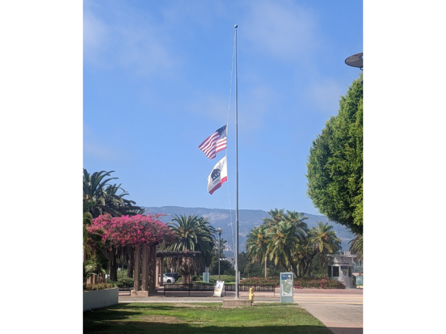 United States flag on UCSB campus at half-staff in honor of Francesc Roig.