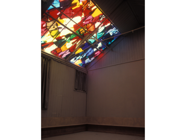 Jane Mulfinger Installation: Norris, R.E., , 1989, Royal College of Art, London. 15' x 25' x 15', recycled clothing, wood, paint, fabric, projection