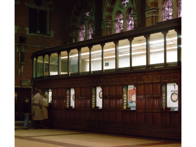 Jane Mulfinger Installation: Common Knowledge 1992, 13 European ethnic jokes sandblasted onto glass, each panel 32" x 48", installed in Saint Pancras Railway Station Ticket Office windows, London