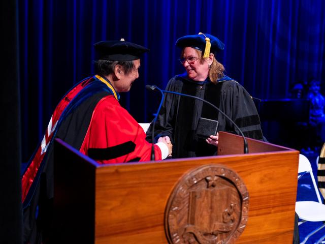 Chancellor Yang and Dr. Angela Belcher at 2025 CCS Commencement ceremony