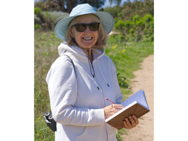 Claudia Tyler at Carpinteria Bluffs on a scouting trip for Walking Biology, Spring 2025