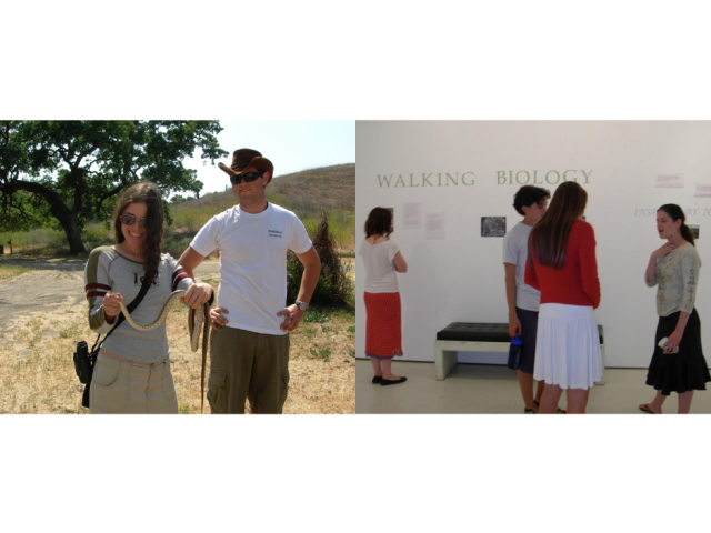 L: Students in Walking Biology course at Sedgwick Reserve, 2007; R: Walking Biology exhibit at CCS Gallery, 2007