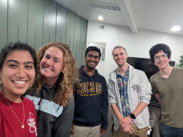 L to R: Janhavi Singhal '26 (CCS Physics), Haley Fogg '26 (L&S Physics), Aditya Chezhiyan '26 (CCS Physics), Ryan Chaudoin '26 (CCS Physics), and Eliott Schaffer '26 (CCS Physics)