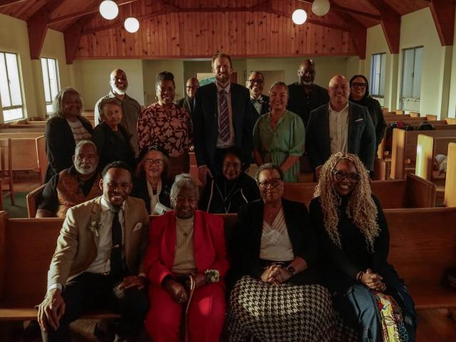 The congregation of Lewis Chapel Christian Methodist Episcopal Church with City Councilmember Eric Friedman and County Supervisor Roy Lee ; Photo Credit: Maya Johnson '24 (CCS Writing & Literature)